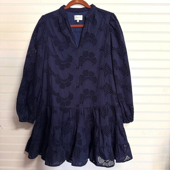 MILLY Margaret Pieres Long-Sleeve Eyelet Flounce Dress Sz 6 - Picture 2 of 12